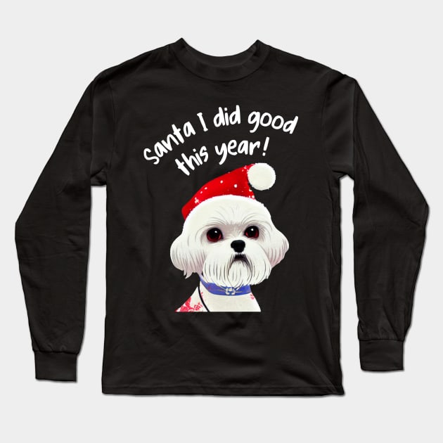 Funny Christmas Shih Tzu Wish You A Merry Xmas Crusty White Dog with Santa Long Sleeve T-Shirt by Mochabonk